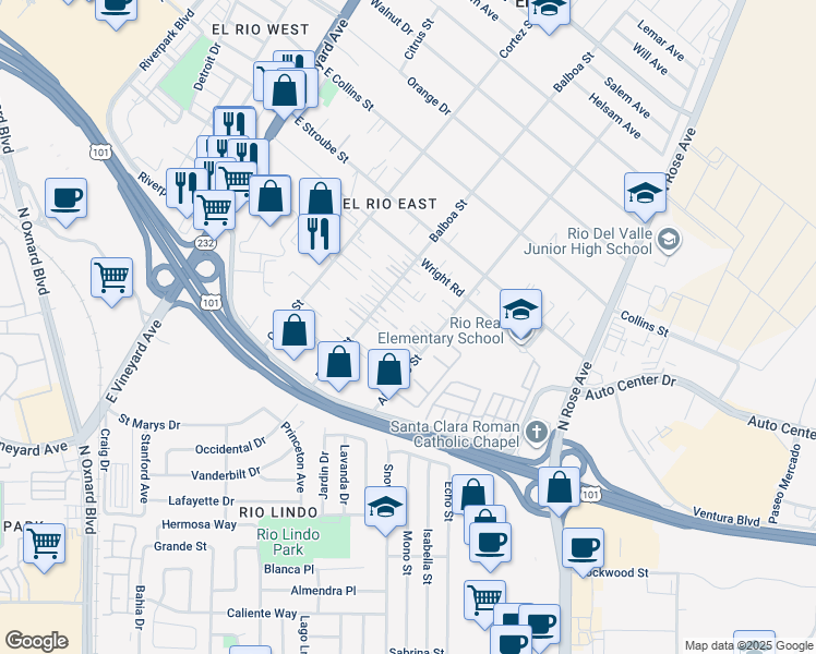 map of restaurants, bars, coffee shops, grocery stores, and more near 2583 Alvarado Street in Oxnard