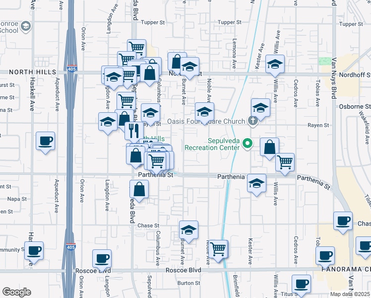 map of restaurants, bars, coffee shops, grocery stores, and more near 8780 Burnet Avenue in Los Angeles