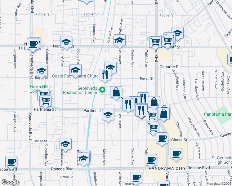 map of restaurants, bars, coffee shops, grocery stores, and more near 8801 Willis Avenue in Los Angeles