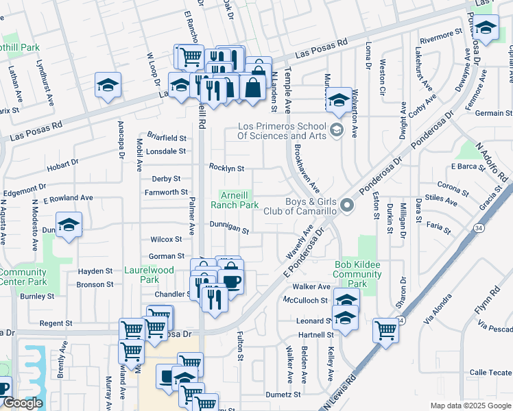 map of restaurants, bars, coffee shops, grocery stores, and more near 2561 Shalimar Street in Camarillo