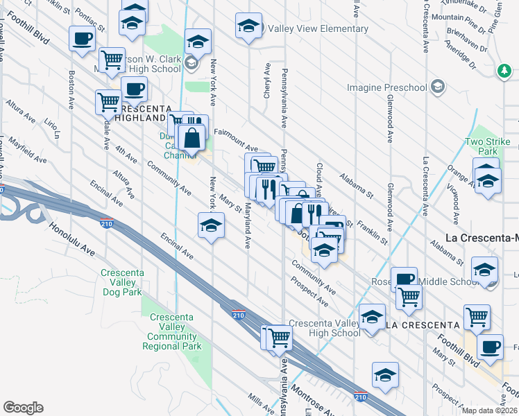 map of restaurants, bars, coffee shops, grocery stores, and more near 3238 Foothill Boulevard in Glendale