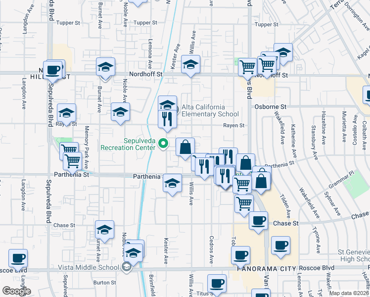 map of restaurants, bars, coffee shops, grocery stores, and more near 8801 Willis Avenue in Los Angeles