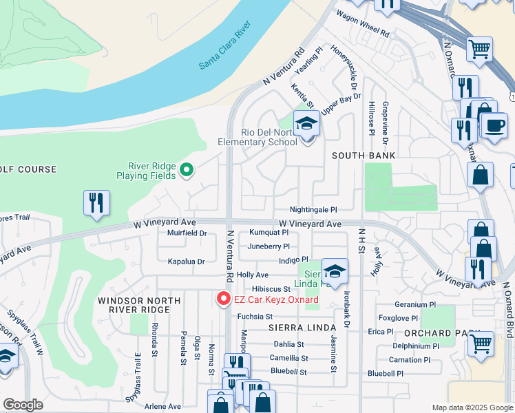 map of restaurants, bars, coffee shops, grocery stores, and more near 1311 Meadowlark Lane in Oxnard