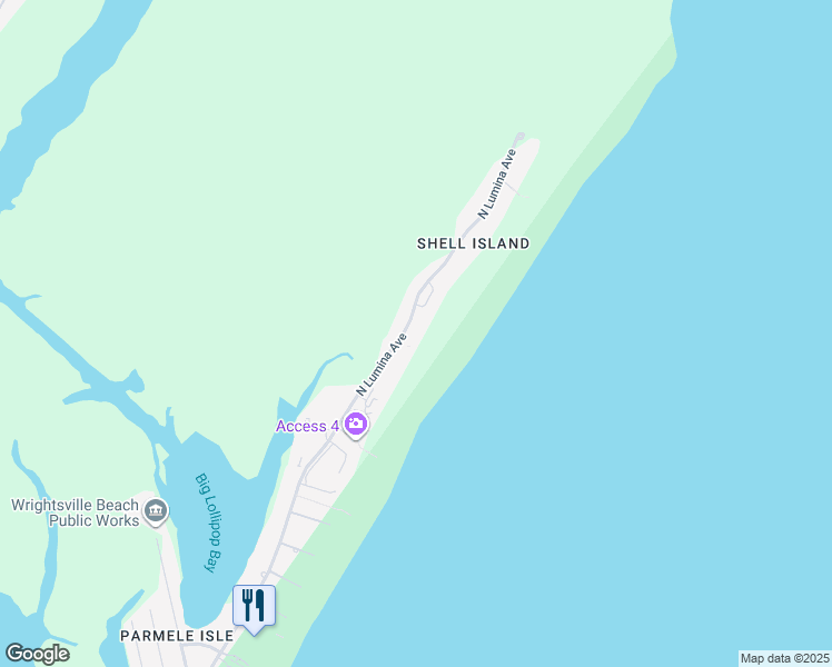 map of restaurants, bars, coffee shops, grocery stores, and more near 2500 North Lumina Avenue in Wrightsville Beach