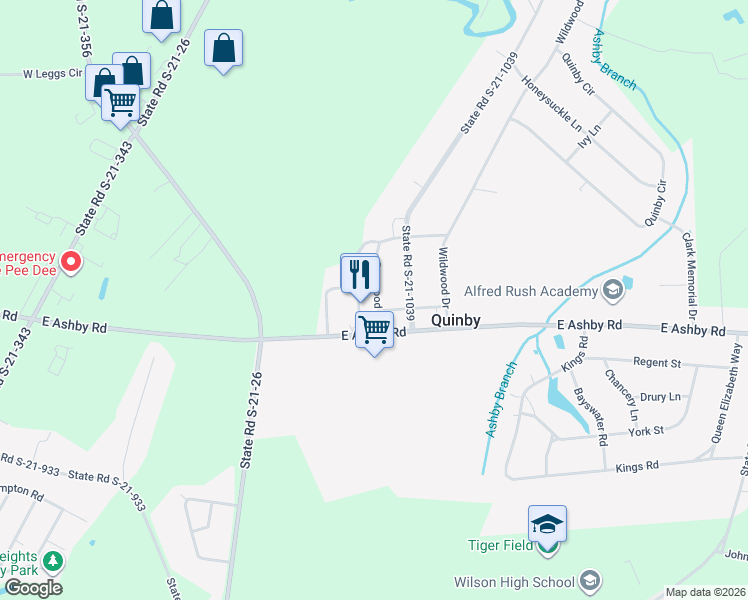 map of restaurants, bars, coffee shops, grocery stores, and more near 101 Dogwood Lane in Quinby