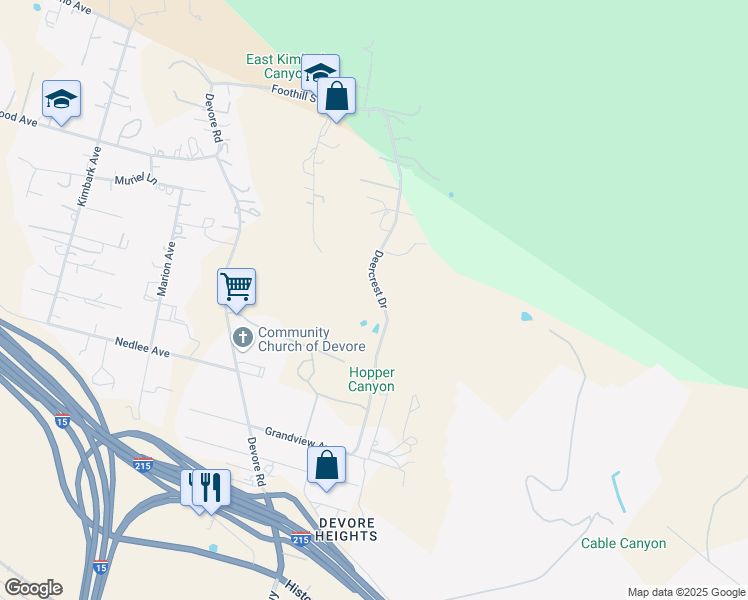 map of restaurants, bars, coffee shops, grocery stores, and more near Deer Crest Drive in San Bernardino