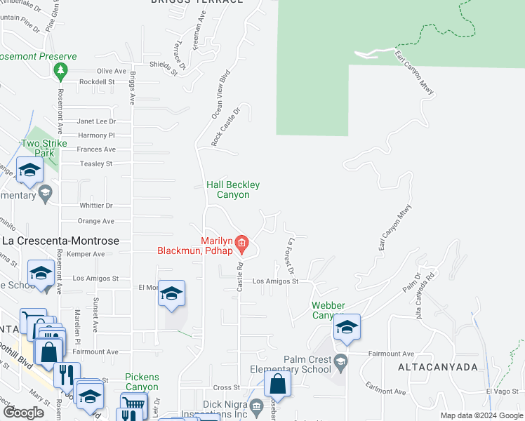 map of restaurants, bars, coffee shops, grocery stores, and more near 5249 Escalante Drive in La Cañada Flintridge