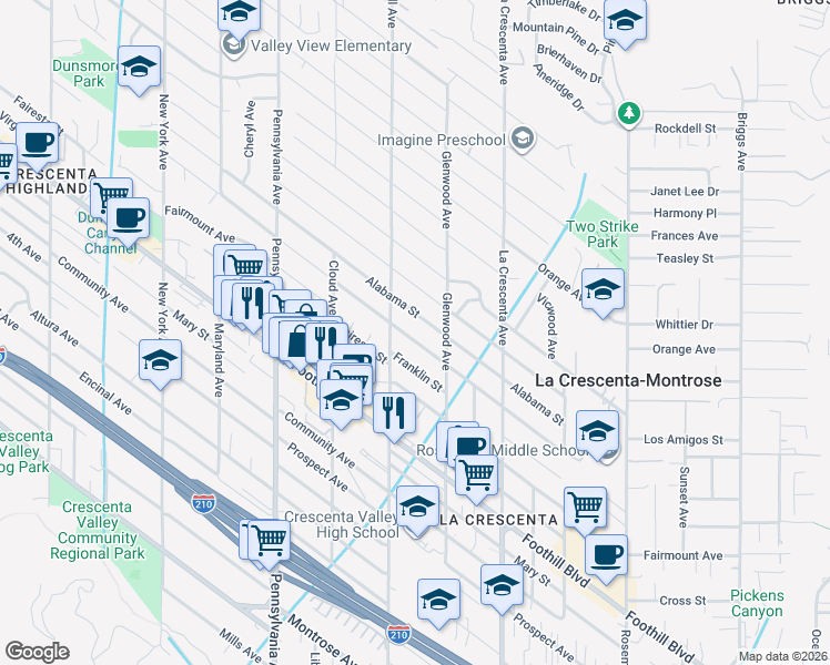 map of restaurants, bars, coffee shops, grocery stores, and more near 2943 Los Olivos Lane in La Crescenta-Montrose