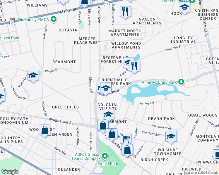 map of restaurants, bars, coffee shops, grocery stores, and more near 3131 Randall Parkway in Wilmington
