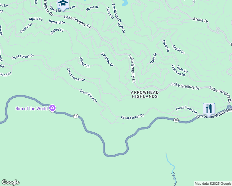 map of restaurants, bars, coffee shops, grocery stores, and more near 24600 Albrun Drive in Crestline