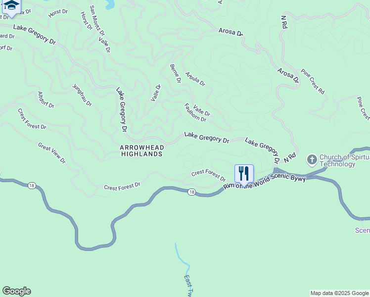 map of restaurants, bars, coffee shops, grocery stores, and more near 24924 Huston Drive in Crestline