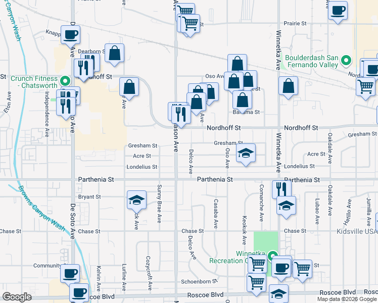 map of restaurants, bars, coffee shops, grocery stores, and more near 20431 Acre Street in Los Angeles