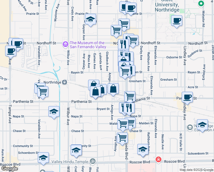 map of restaurants, bars, coffee shops, grocery stores, and more near 18611 Eddy Street in Los Angeles