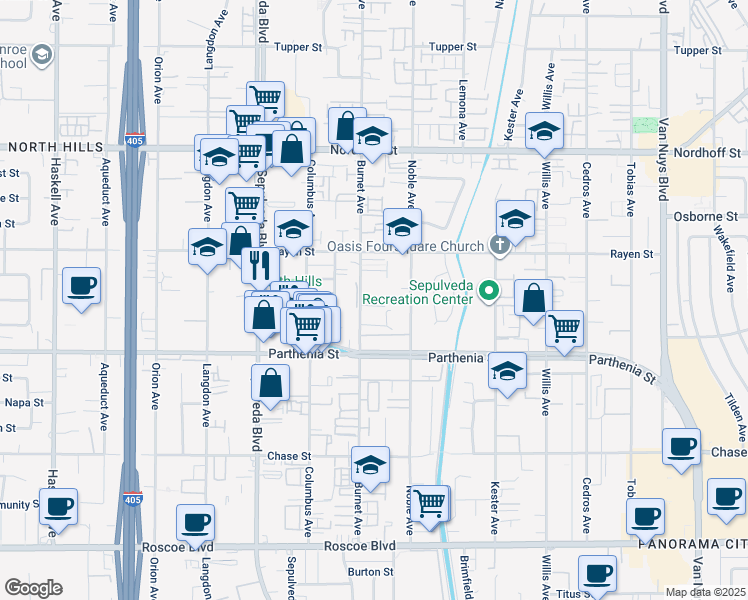 map of restaurants, bars, coffee shops, grocery stores, and more near 8800 Burnet Avenue in Los Angeles