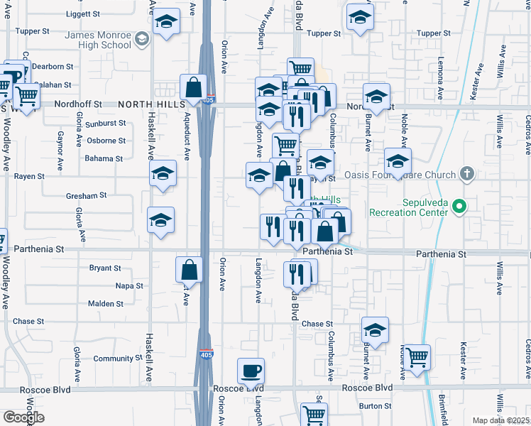 map of restaurants, bars, coffee shops, grocery stores, and more near 8762 Langdon Avenue in Los Angeles