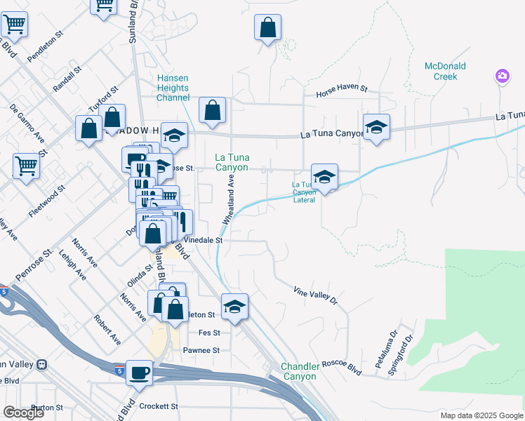 map of restaurants, bars, coffee shops, grocery stores, and more near 8854 Bluffdale Drive in Los Angeles