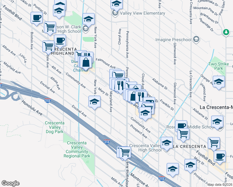 map of restaurants, bars, coffee shops, grocery stores, and more near 3238 Foothill Boulevard in Glendale