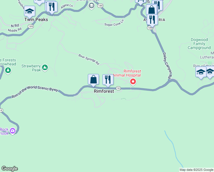 map of restaurants, bars, coffee shops, grocery stores, and more near 1286 Lovers Lane in Rimforest