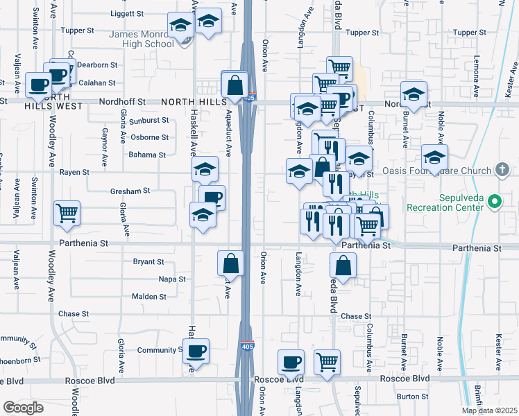 map of restaurants, bars, coffee shops, grocery stores, and more near 8805 Orion Avenue in Los Angeles