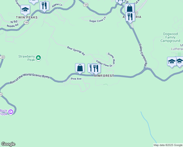 map of restaurants, bars, coffee shops, grocery stores, and more near 1286 Lovers Lane in Rimforest