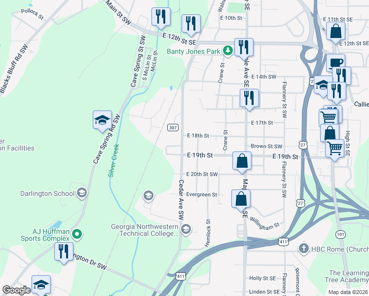 map of restaurants, bars, coffee shops, grocery stores, and more near 428 Cedar Avenue Southwest in Rome