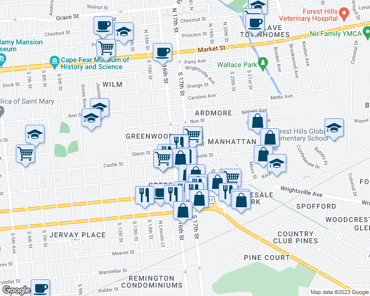 map of restaurants, bars, coffee shops, grocery stores, and more near 510 South 17th Street in Wilmington