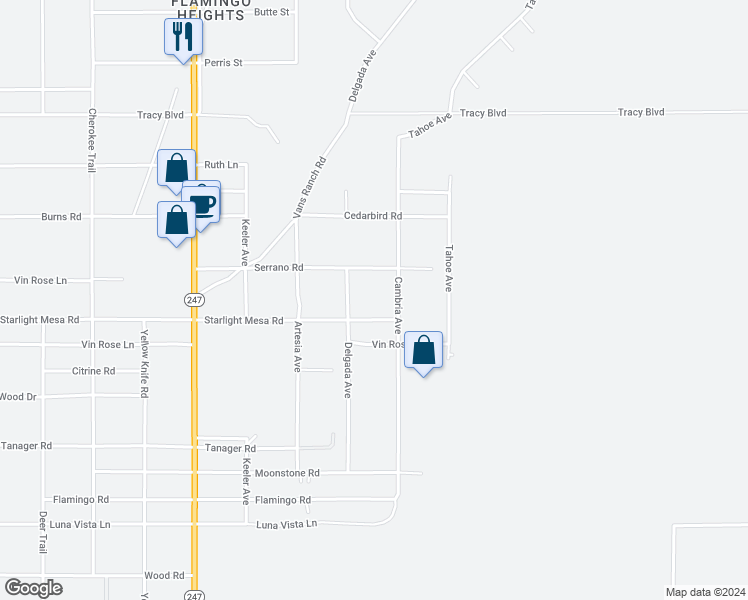 map of restaurants, bars, coffee shops, grocery stores, and more near 56496 Starlight Mesa Road in Yucca Valley