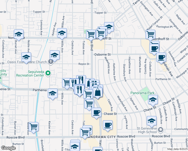 map of restaurants, bars, coffee shops, grocery stores, and more near 8803 Van Nuys Boulevard in Los Angeles