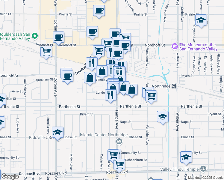 map of restaurants, bars, coffee shops, grocery stores, and more near 19325 Londelius Street in Los Angeles