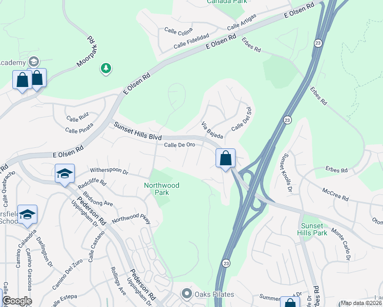 map of restaurants, bars, coffee shops, grocery stores, and more near 3738 Corte De Los Reyes in Thousand Oaks