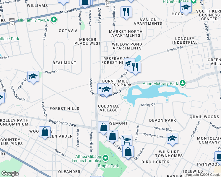 map of restaurants, bars, coffee shops, grocery stores, and more near in Wilmington