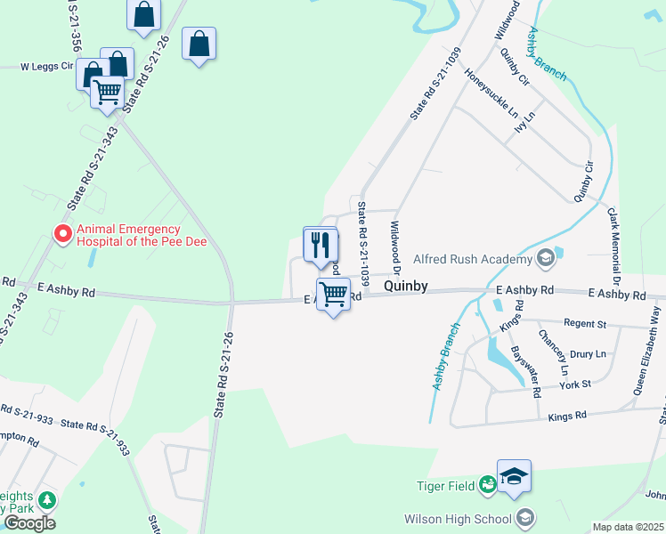 map of restaurants, bars, coffee shops, grocery stores, and more near 101 Dogwood Lane in Quinby