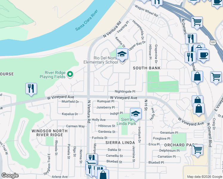 map of restaurants, bars, coffee shops, grocery stores, and more near 1251 Nightingale Place in Oxnard