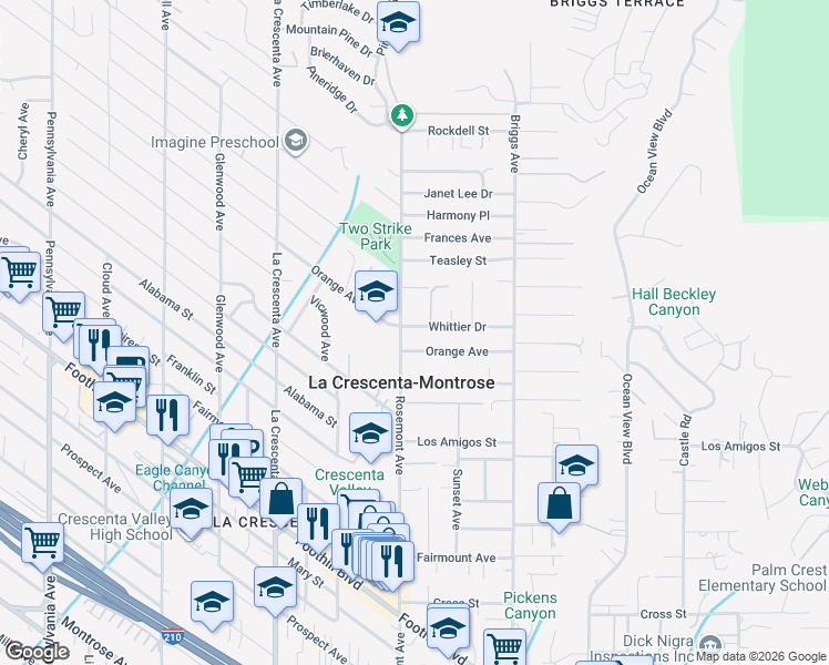 map of restaurants, bars, coffee shops, grocery stores, and more near 2542 Whittier Drive in La Crescenta-Montrose
