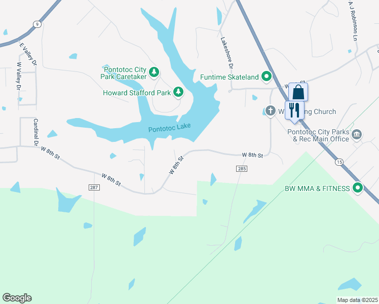 map of restaurants, bars, coffee shops, grocery stores, and more near West 8th Street in Pontotoc
