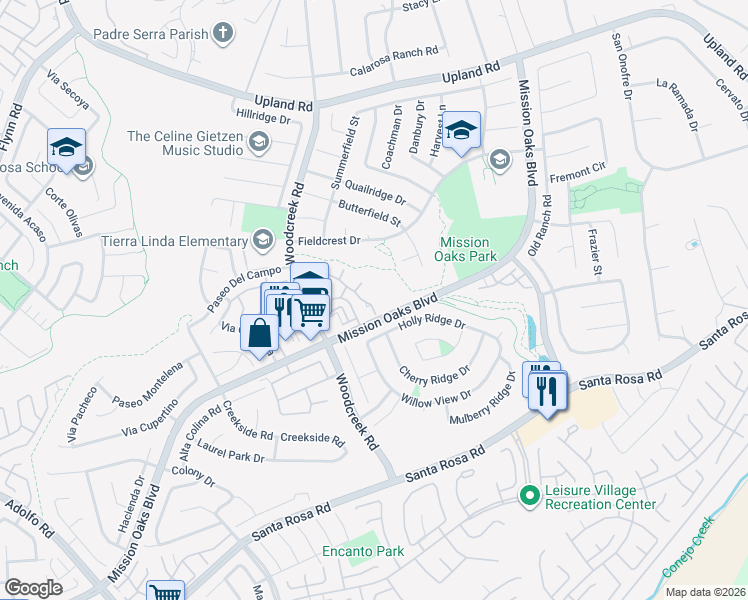 map of restaurants, bars, coffee shops, grocery stores, and more near 1213 Calle Lozano in Camarillo