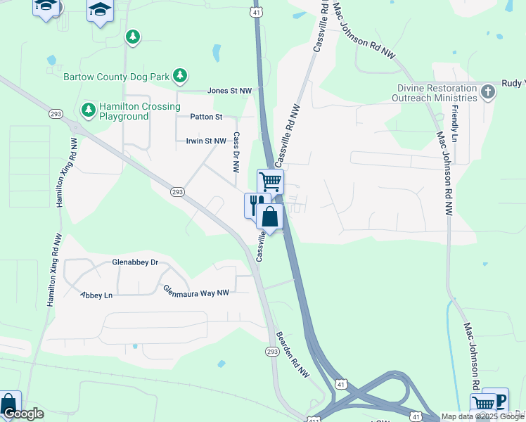 map of restaurants, bars, coffee shops, grocery stores, and more near 1341 Cassville Road Northwest in Cartersville