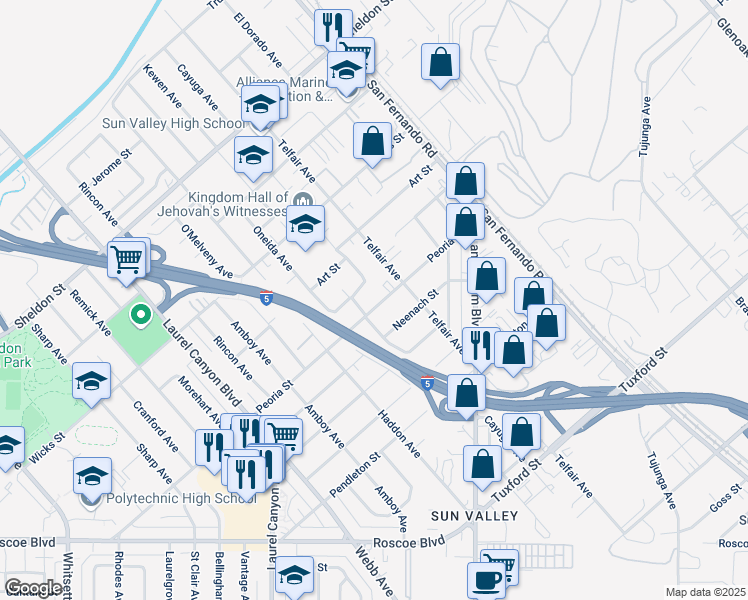 map of restaurants, bars, coffee shops, grocery stores, and more near 11875 Peoria Street in Los Angeles