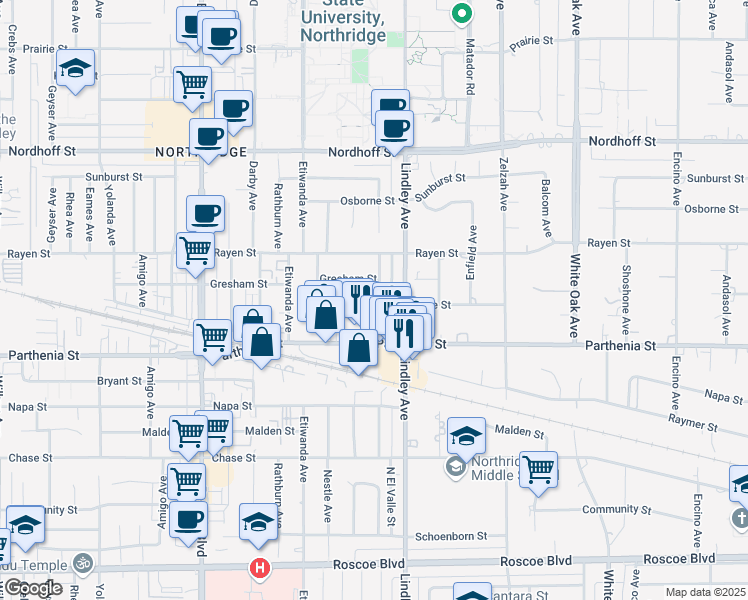 map of restaurants, bars, coffee shops, grocery stores, and more near 8801 Chimineas Avenue in Los Angeles