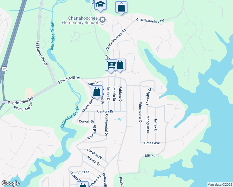 map of restaurants, bars, coffee shops, grocery stores, and more near 2535 Impala Drive in Cumming