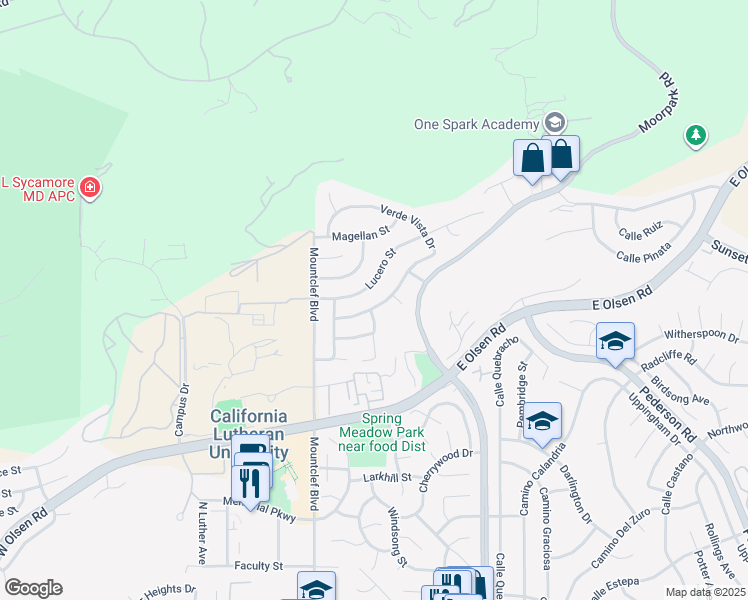 map of restaurants, bars, coffee shops, grocery stores, and more near 117 Verde Vista Drive in Thousand Oaks