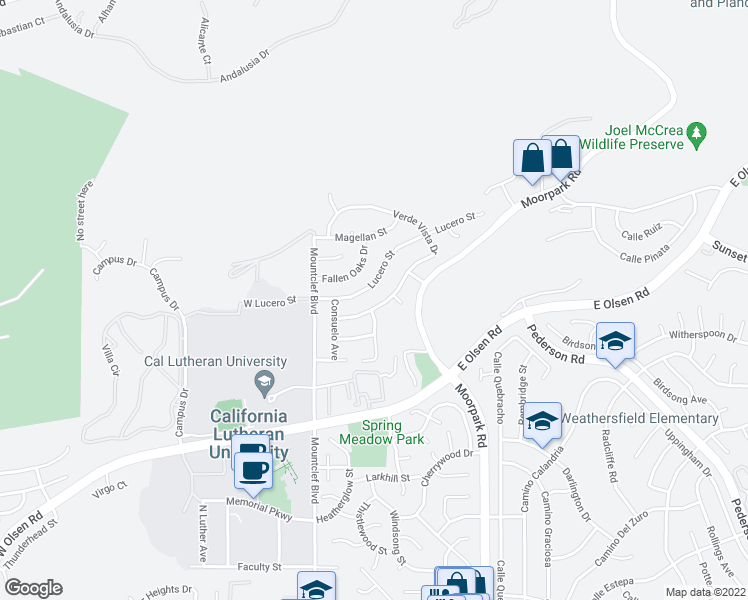 map of restaurants, bars, coffee shops, grocery stores, and more near 117 Verde Vista Drive in Thousand Oaks