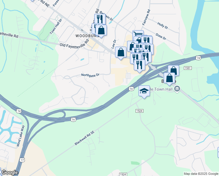 map of restaurants, bars, coffee shops, grocery stores, and more near 1047 Macklin Street in Leland