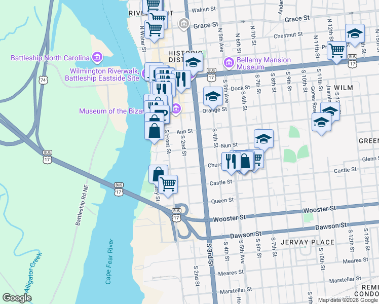 map of restaurants, bars, coffee shops, grocery stores, and more near 412 South 3rd Street in Wilmington
