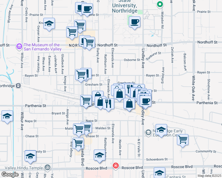 map of restaurants, bars, coffee shops, grocery stores, and more near 8762 Etiwanda Ave in Northridge