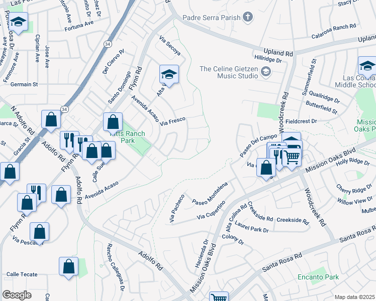 map of restaurants, bars, coffee shops, grocery stores, and more near 1722 Avenida Navidad in Camarillo