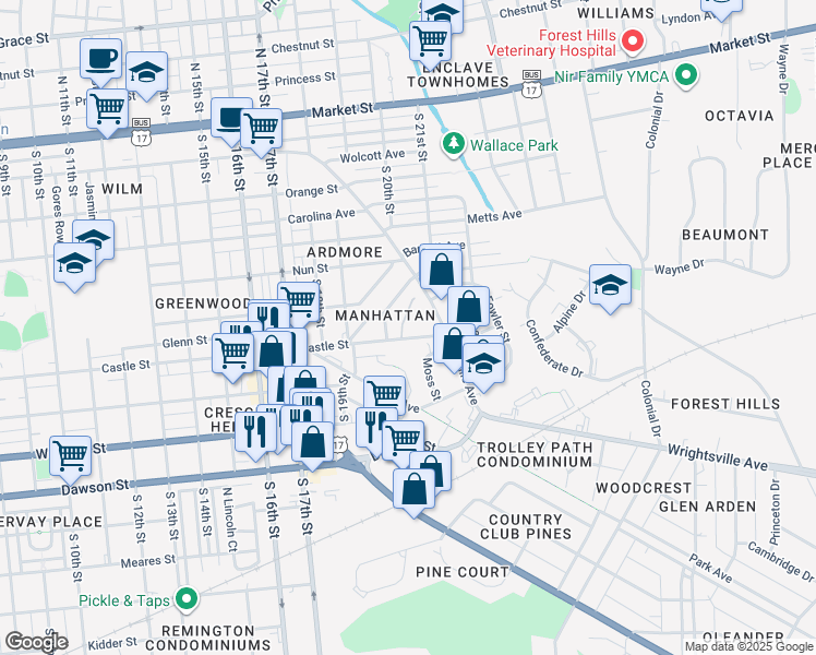 map of restaurants, bars, coffee shops, grocery stores, and more near 2013 Castle Street in Wilmington