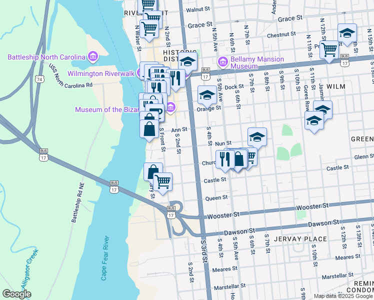 map of restaurants, bars, coffee shops, grocery stores, and more near 212 Nun Street in Wilmington