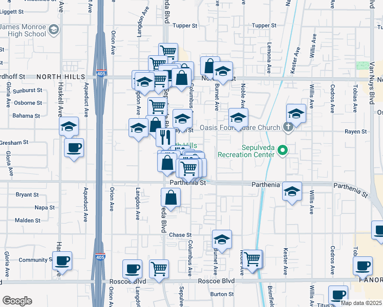 map of restaurants, bars, coffee shops, grocery stores, and more near 15257 Acre Street in Los Angeles