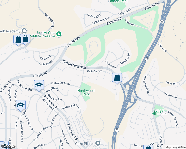 map of restaurants, bars, coffee shops, grocery stores, and more near 1462 Calle De Oro in Thousand Oaks